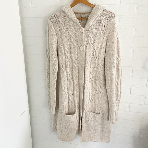 L.L. Bean Women's Hooded Cable Knit Cardigan - Beige - Picture 2 of 15